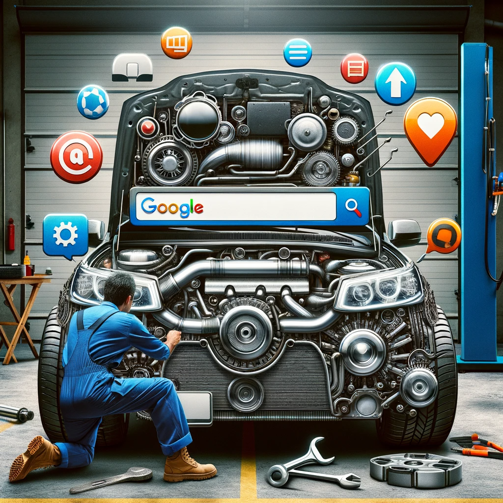 mechanic repairing a car, with the car's engine designed to resemble various components of a website.